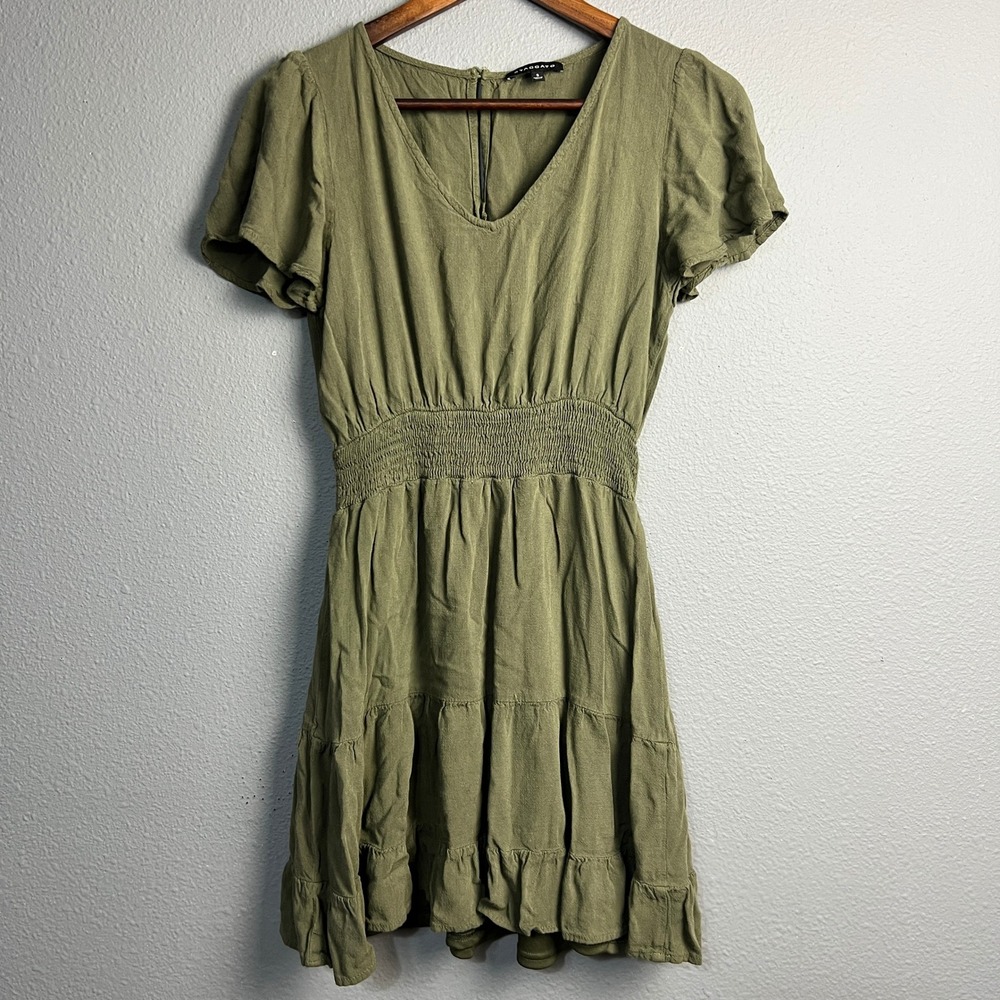 Staccato Olive Green Dress Smocked Waist‎ Flowy Tiered Mini Dress Grunge Size S